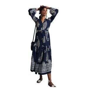 By Anthropologie Navy Floral Tiered Button‎ Down Dress XS